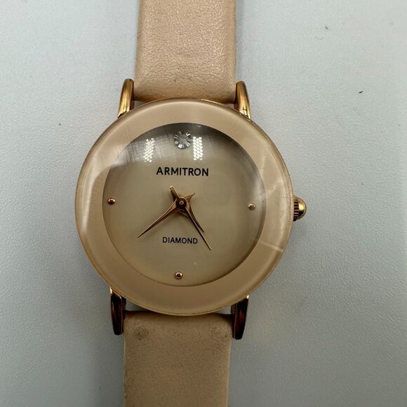 3/$30 Armitron Watch Women Beige Leather Band Diamond Accent New Battery 8 Inch - Picture 1 of 15